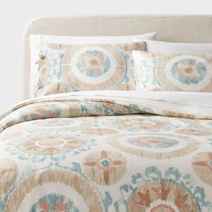Full/Queen Boho Suzani Print Duvet Cover and Sham  Ivory/Light Teal Blue